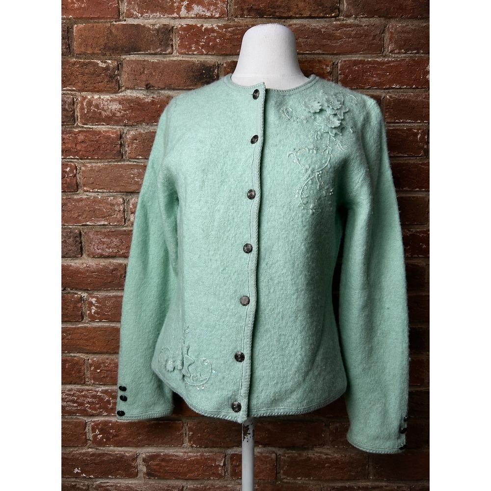 Vintage Mint Green 100% Wool Floral Embroidered Cardigan Sweater S Cottagecore